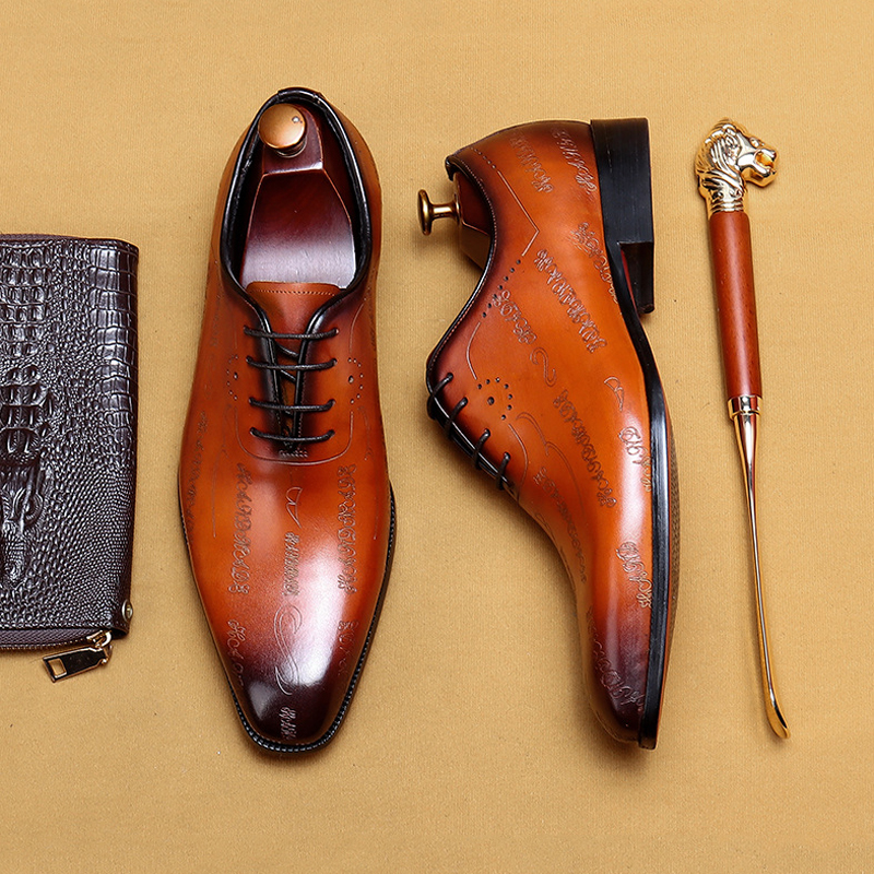 Men's Full-Grain Leather Formal Pointed-Toe Letter-Printed Oxford Shoes