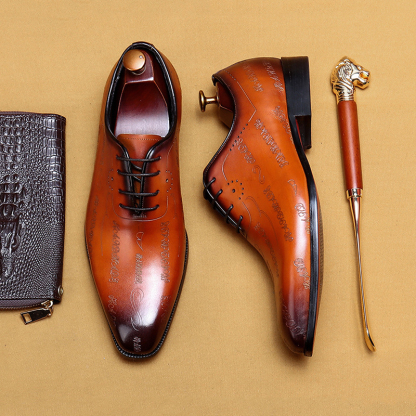 Men's Full-Grain Leather Formal Pointed-Toe Letter-Printed Oxford Shoes