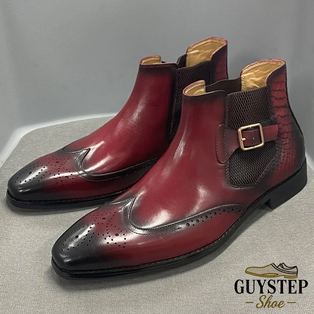 GUYSTEP™Men's Genuine Leather Snake Pattern Paneled Brogue Chelsea Boots