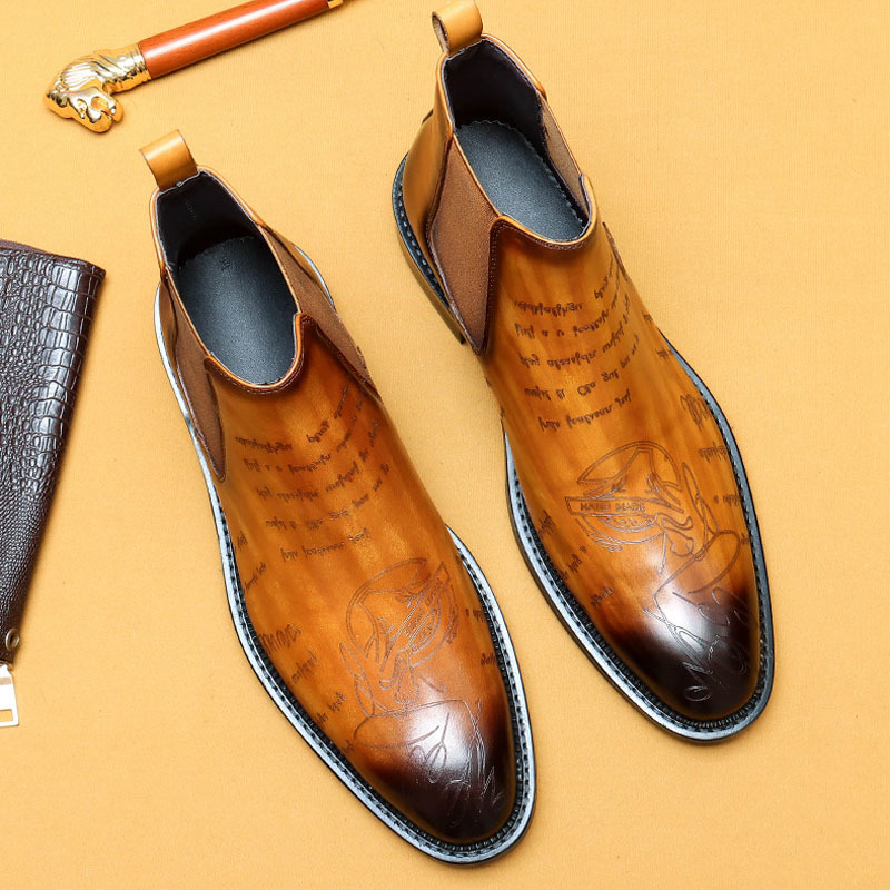 Men's Genuine Leather Brogue-detailed Fleece-lined Chelsea Boots