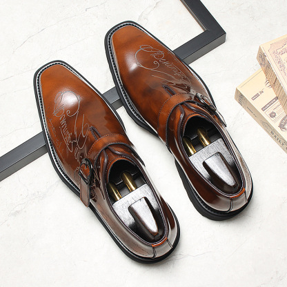 Men's Genuine Leather Letter-Printed Buckle Monk Shoes
