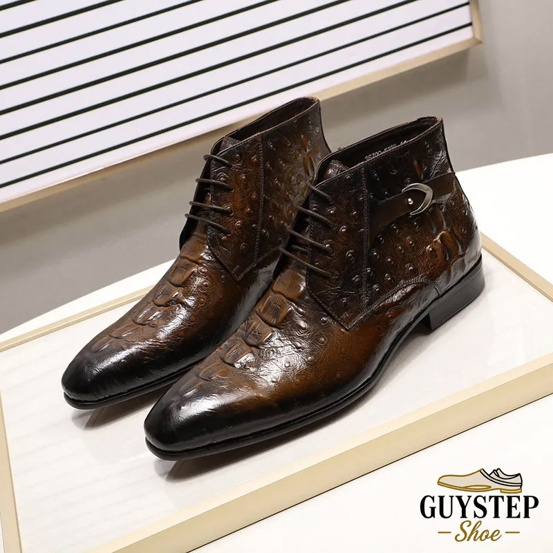 Men's Genuine Leather Ostrich Pattern Lace-Up Ankle Boots