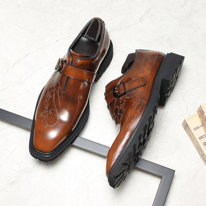 Men's Genuine Leather Letter-Printed Buckle Monk Shoes