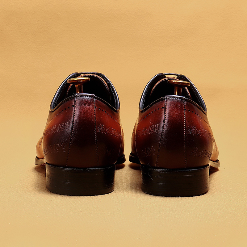Men's Full-Grain Leather Formal Pointed-Toe Letter-Printed Oxford Shoes