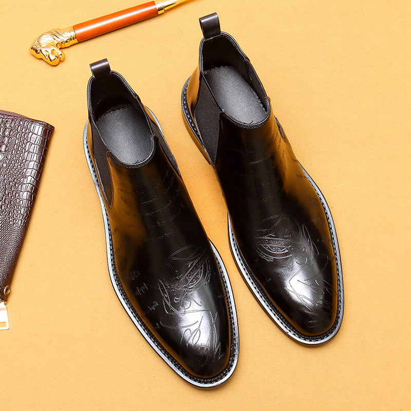 Men's Genuine Leather Brogue-detailed Fleece-lined Chelsea Boots