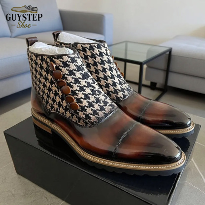 GUYSTEP™Men's Houndstooth Button Chelsea Boots, Vintage British Style Genuine Leather Patchwork Boots