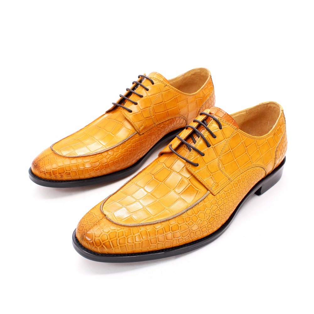 Men's Cowhide Crocodile-Embossed Derby Shoes - Yellow & Blue