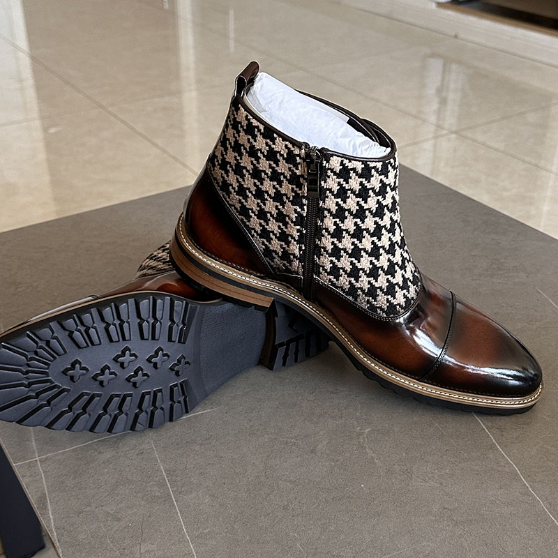 Men's Houndstooth Button Chelsea Boots, Vintage British Style Genuine Leather Patchwork Boots