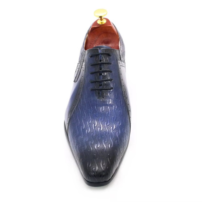 Men's Genuine Leather Blue-Black Pointed-Toe Printed Oxford Shoes