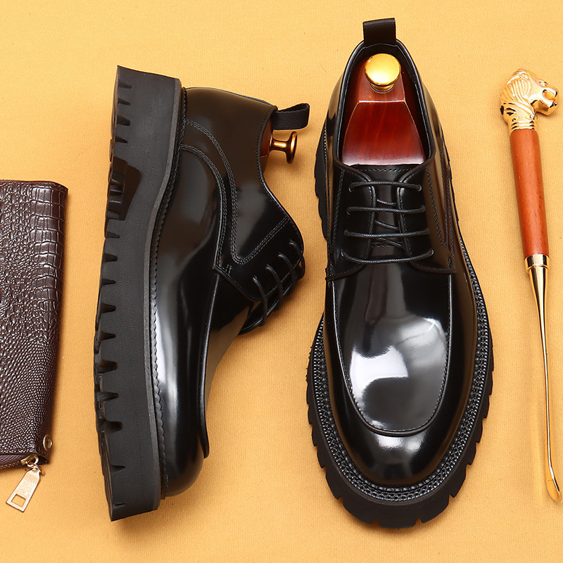 Men's Genuine Leather Round-Toe Platform Elevated Derby Shoes