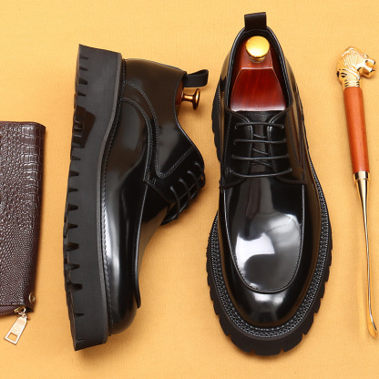 Men's Genuine Leather Round-Toe Platform Elevated Derby Shoes