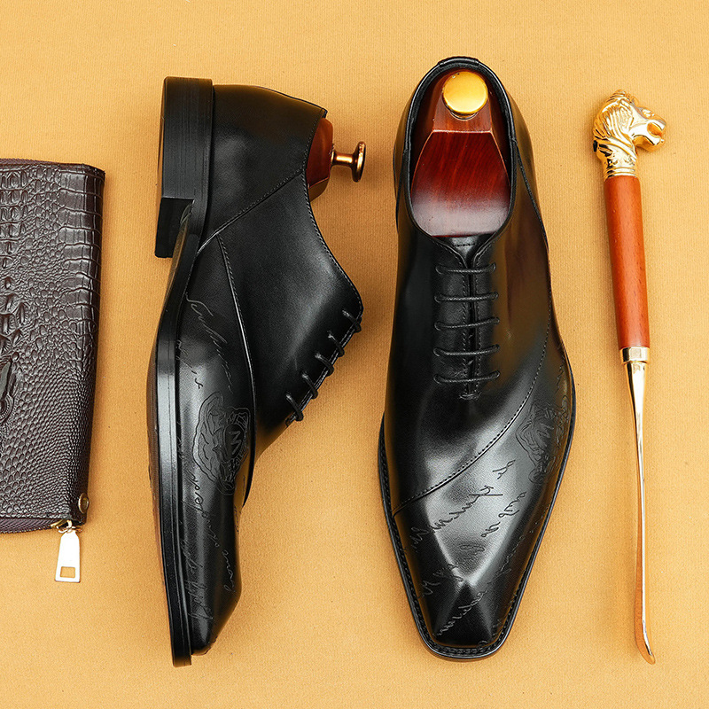 Men's Full-Grain Leather Letter Print Oxford Shoes