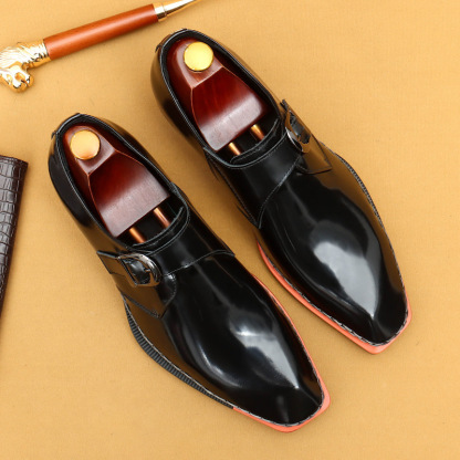 Men's Genuine Leather Glossy Buckle Monk Strap Shoes