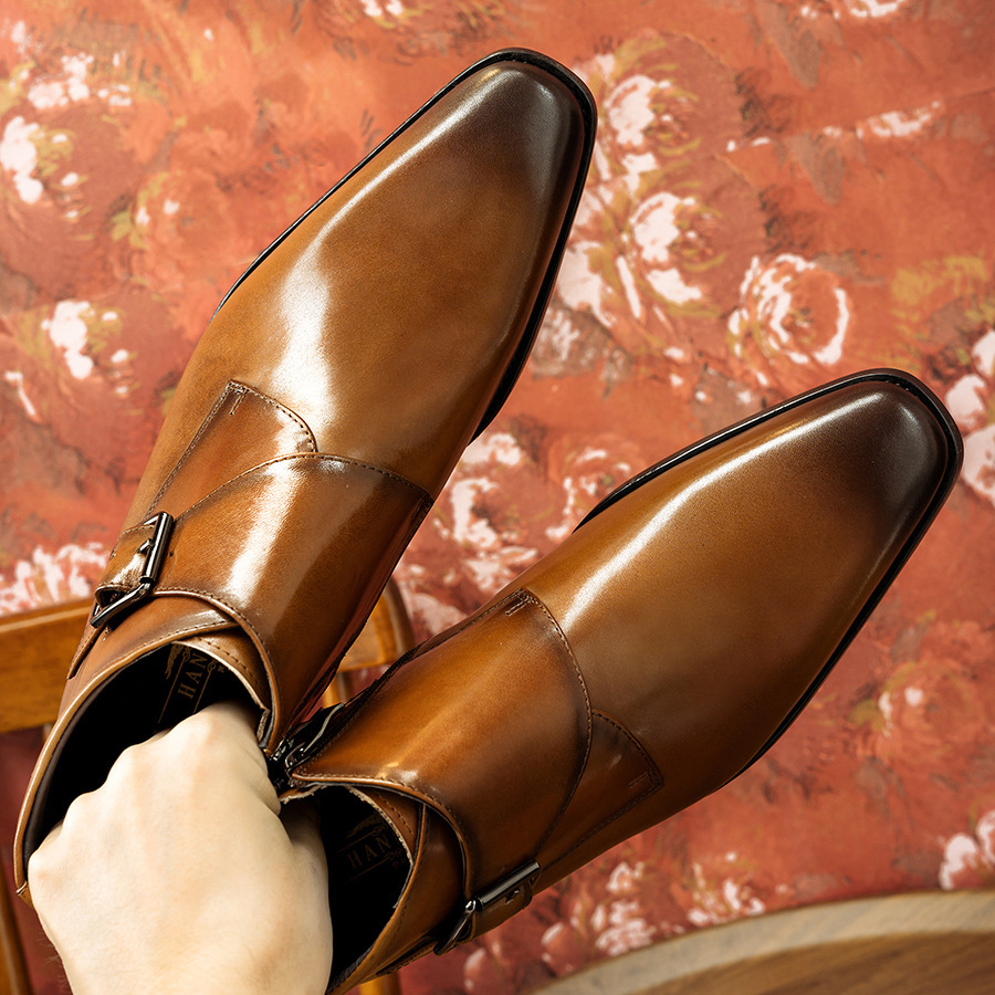 Men's Genuine Leather Square-Toe High-Top Monk Boots
