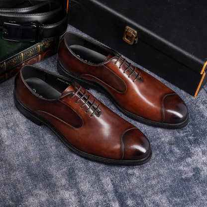 Men's Genuine Leather Pointed-Toe Business Lace-Up Oxford Shoes