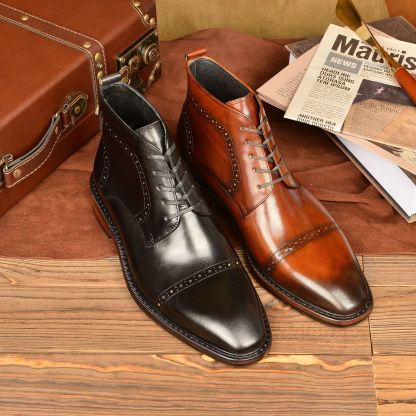Men's Genuine Leather Retro Pointed-Toe Brogue Martin Boots