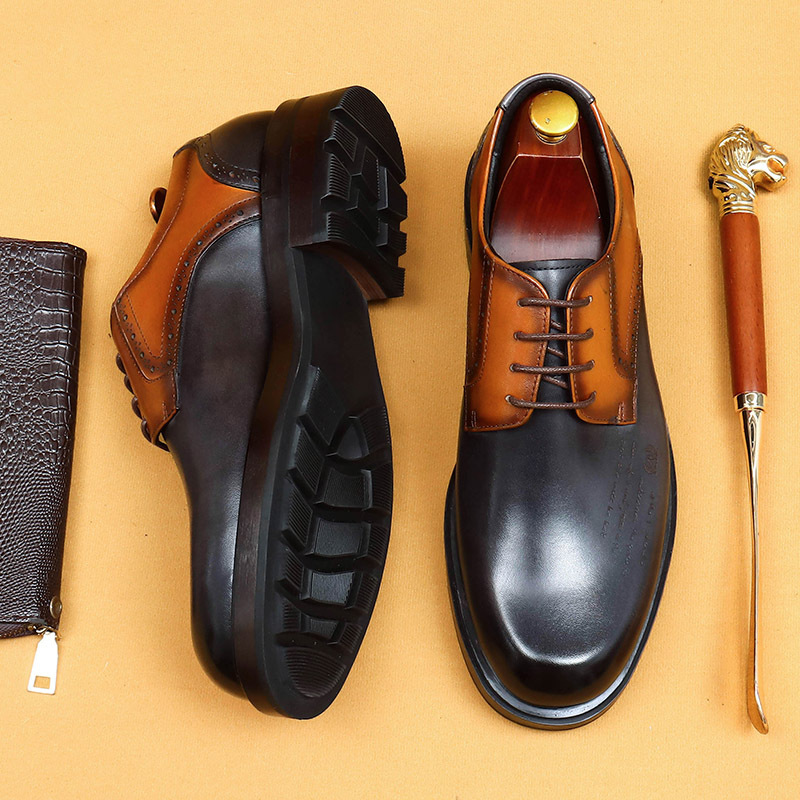 Men's Full-Grain Leather Thick-Soled Non-Slip Letter-Printed Leather Shoes