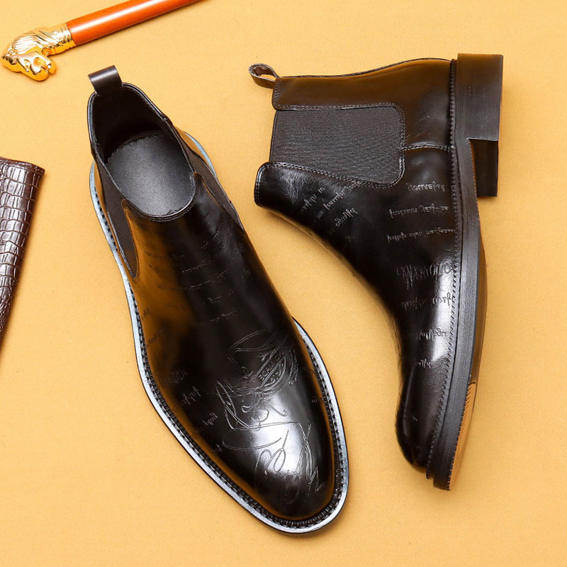 Men's Genuine Leather Brogue-detailed Fleece-lined Chelsea Boots