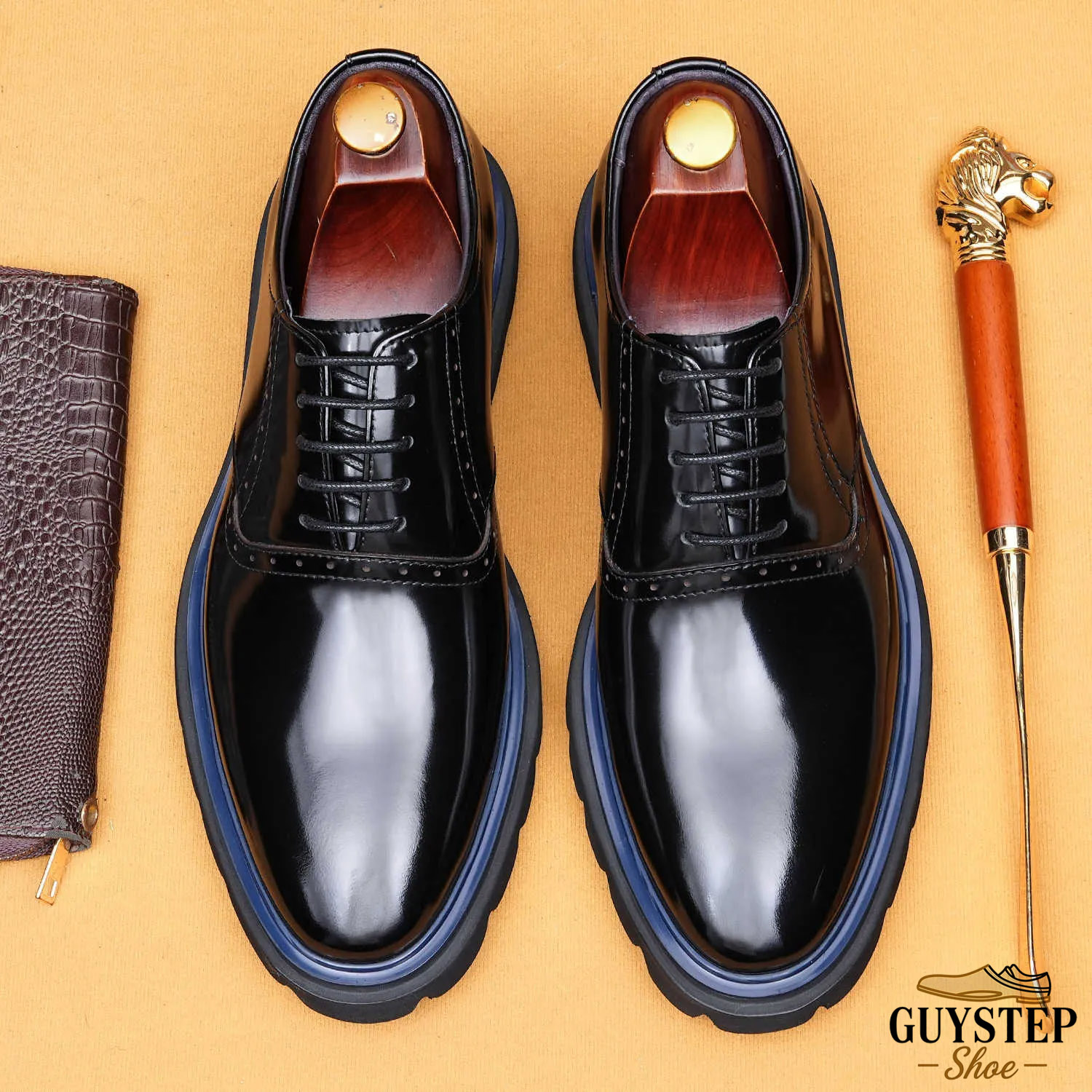GUYSTEP™Men's Genuine Leather Glossy Thick-Sole Casual Brogue Derby Shoes