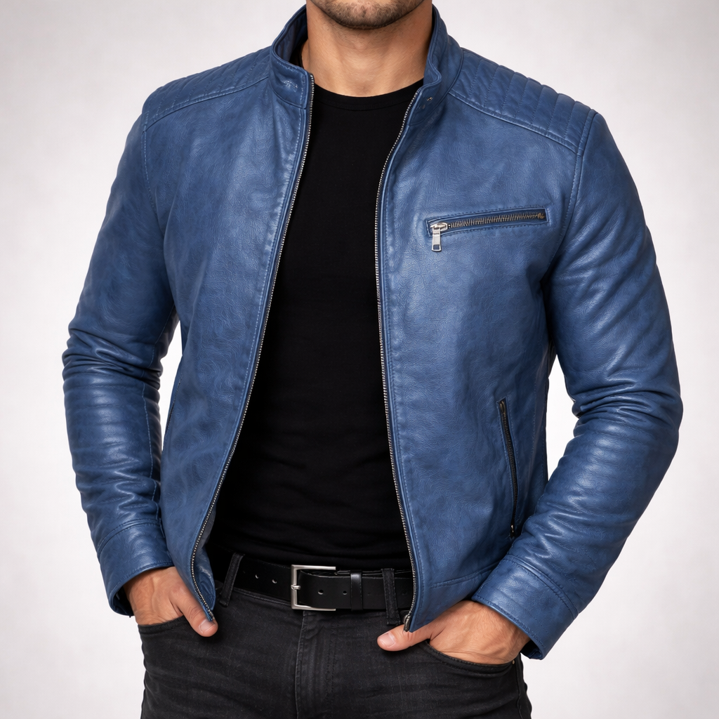 Men’s Slim-Fit Stand-Collar Vintage Biker-Style Jacket