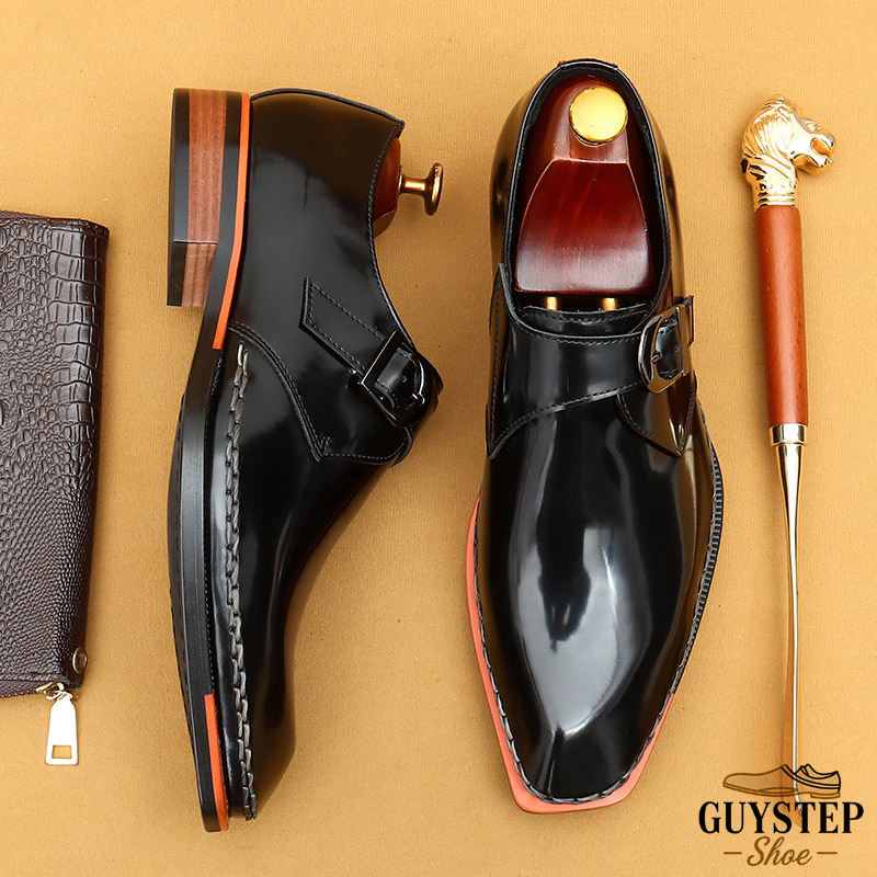 GUYSTEP™Men's Genuine Leather Glossy Buckle Monk Strap Shoes