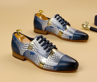 Men's Cowhide Snake Print Patchwork Oxford Shoes