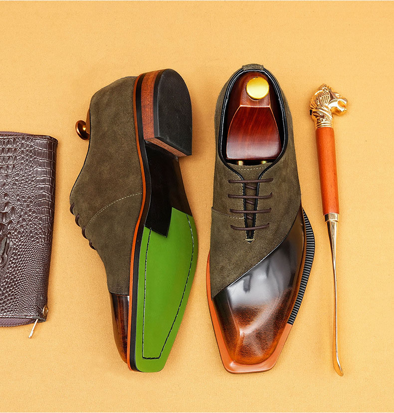  Stylish Men's Suede & Leather Two-Tone Oxfords - Square-Toe Business Formal Shoes