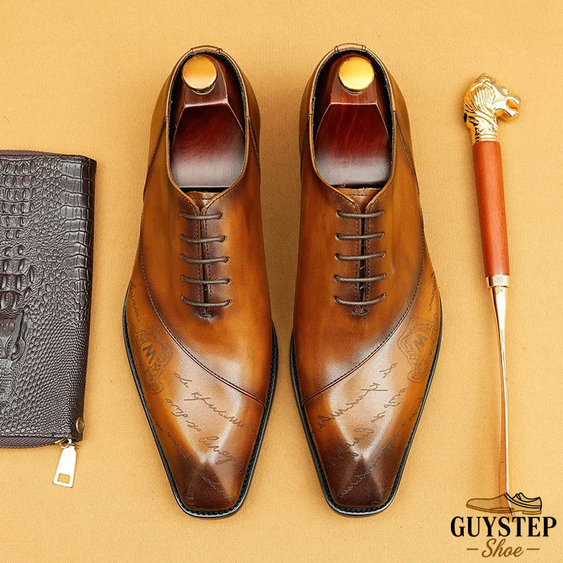 Men's Full-Grain Leather Letter Print Oxford Shoes - Premium - Stylish, Cushioned for Office & Business Casual