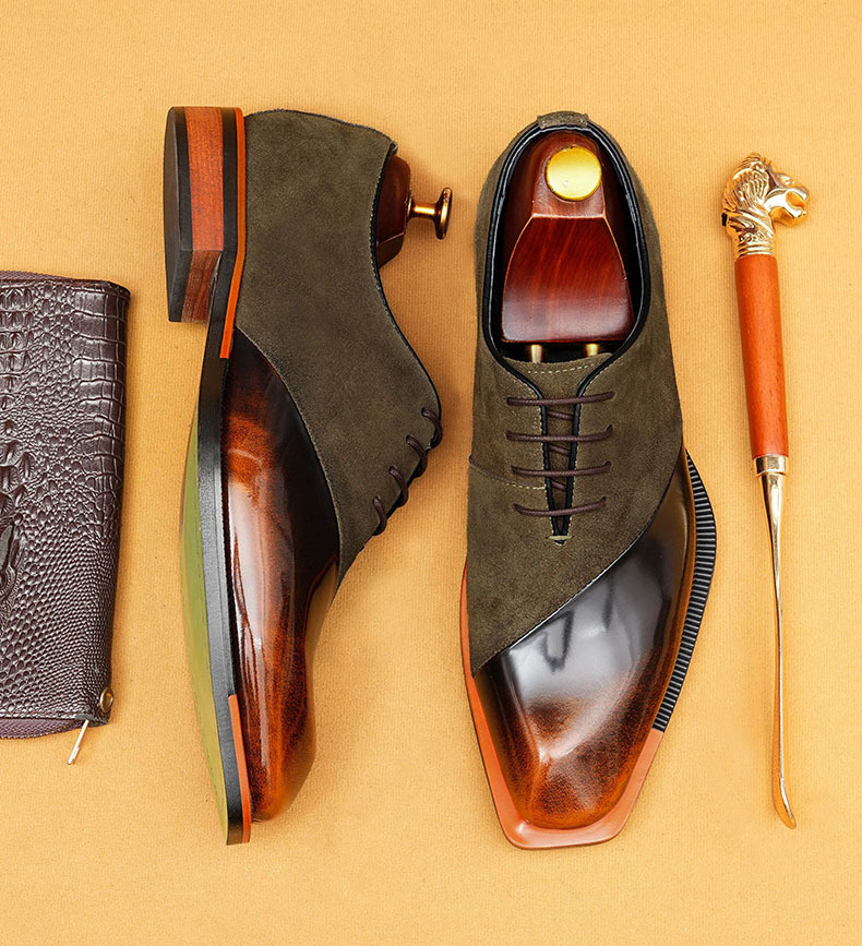 Stylish Men's Suede & Leather Two-Tone Oxfords - Square-Toe Business Formal Shoes