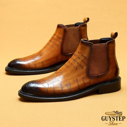 GUYSTEP™Men's Genuine Leather Brogue-detailed Fleece-lined Chelsea Boots