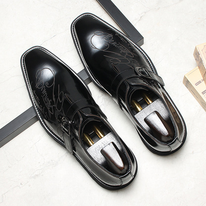 Men's Genuine Leather Letter-Printed Buckle Monk Shoes