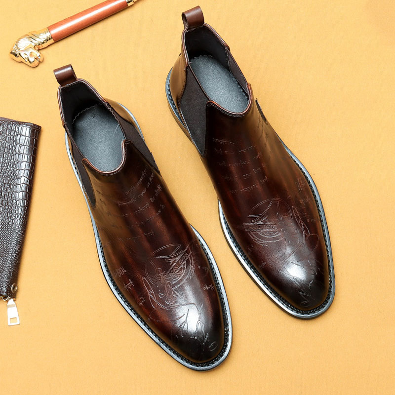 Men's Genuine Leather Brogue-detailed Fleece-lined Chelsea Boots