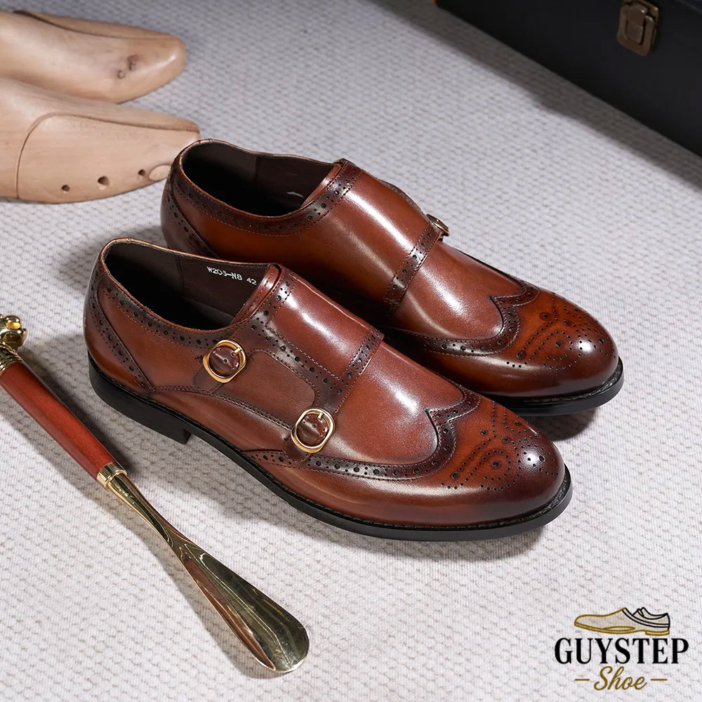 GUYSTEP™Men's Genuine Leather Brogue Lace-Up Monk Strap Shoes