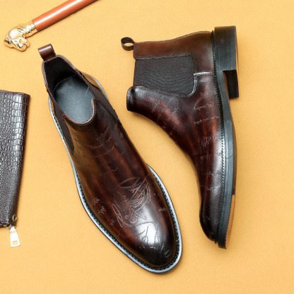 Men's Genuine Leather Brogue-detailed Fleece-lined Chelsea Boots
