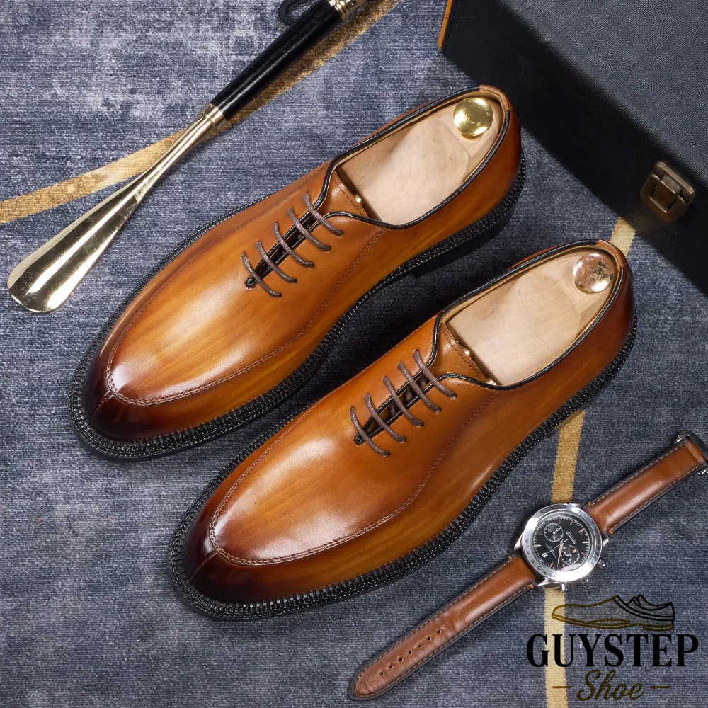 Men's Handmade Full-Grain Leather Oxford Shoes Vintage Burnished Formal Dress Shoes