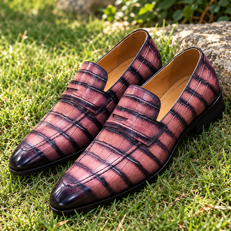 Men’s Crocodile Embossed Pointed-Toe Loafers