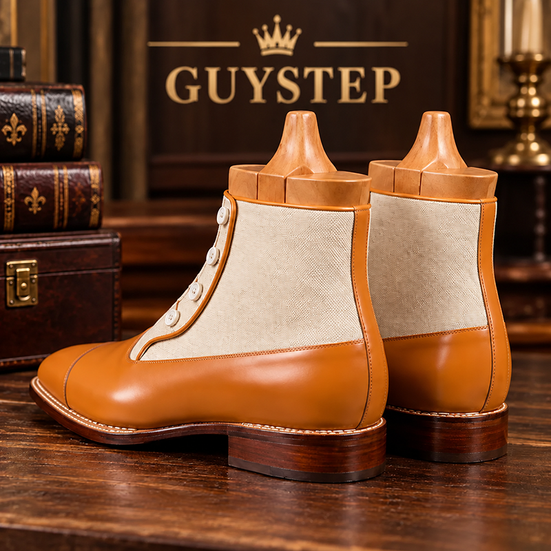 Gentleman-Shoe Vintage Two-Tone Leather & Canvas Button Ankle Boots