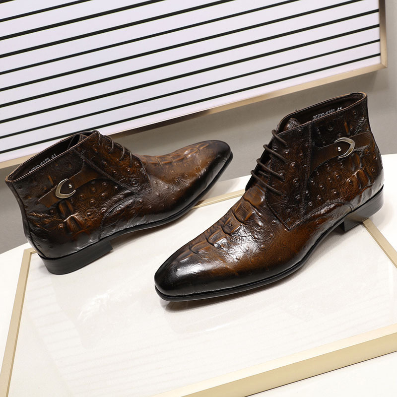 Men's Genuine Leather Ostrich Pattern Lace-Up Ankle Boots