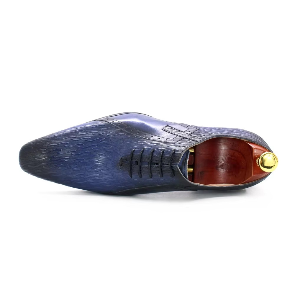 Men's Genuine Leather Blue-Black Pointed-Toe Printed Oxford Shoes