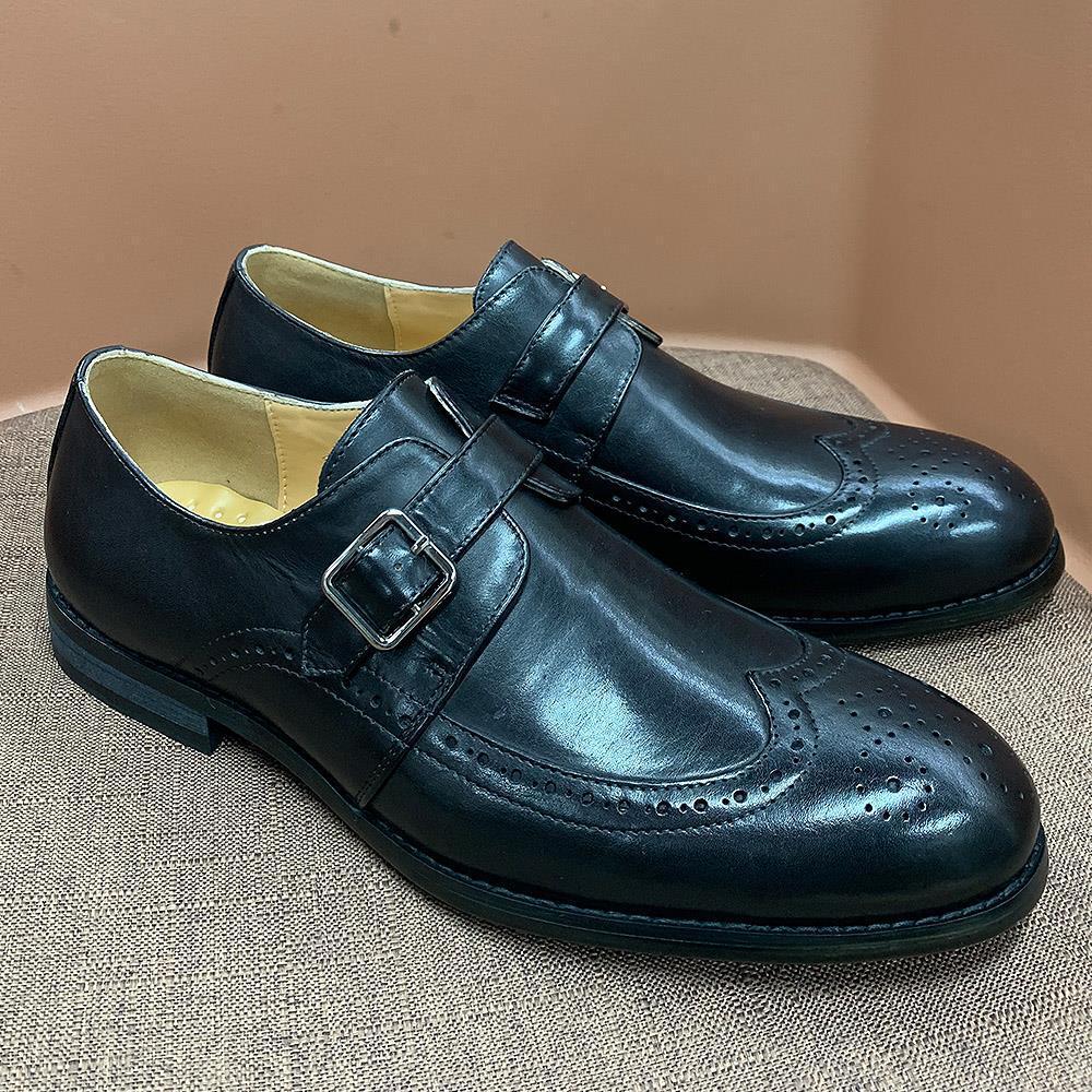 Men's Genuine Leather Brogue-Detailed Monk Shoes