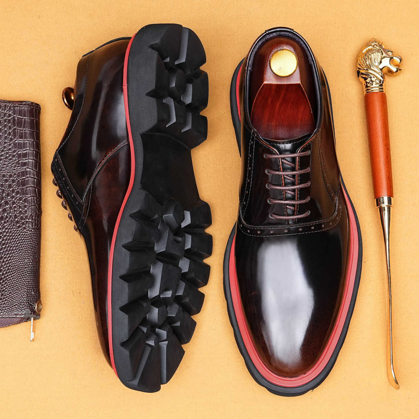 Men's Genuine Leather Glossy Thick-Sole Casual Brogue Derby Shoes