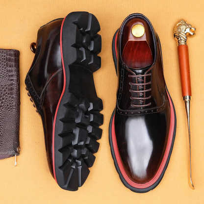 Men's Genuine Leather Glossy Thick-Sole Casual Brogue Derby Shoes