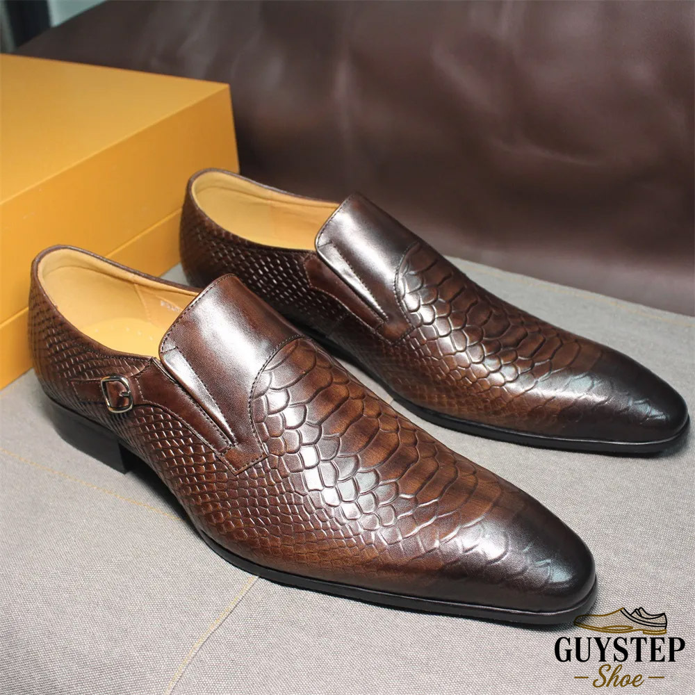 GUYSTEP™ Men's Loafers: Genuine Leather Crocodile Embossed Pointed Toe| Formal/Wedding, Vintage Style | All-Day Comfort