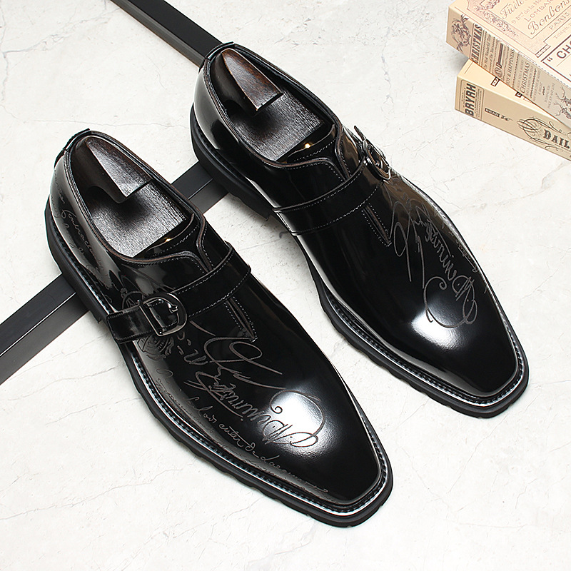 Men's Genuine Leather Letter-Printed Buckle Monk Shoes