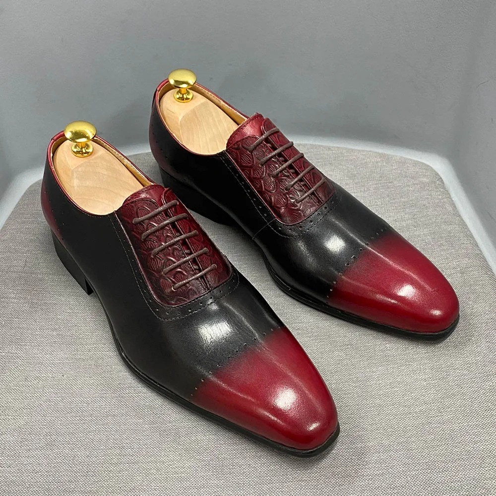Men's Genuine Leather Color-Blocked Brogued Oxford Shoes