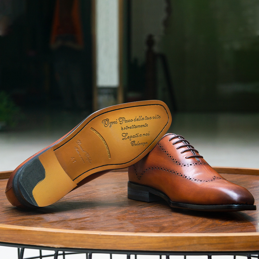 Men's Hand-Burnished Genuine Leather Brogued Formal Square-Toe Oxford Shoes