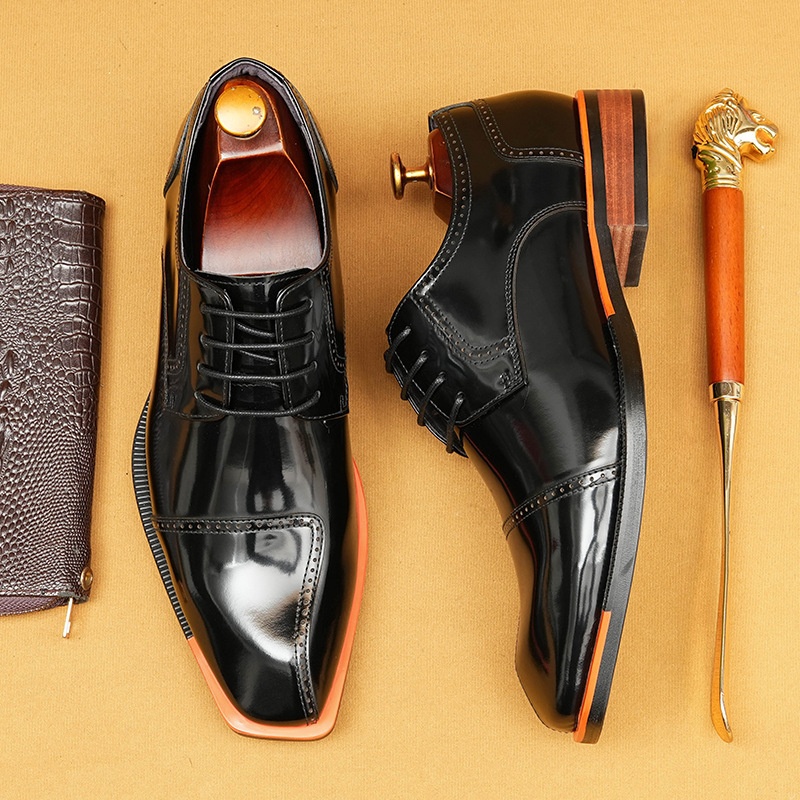 Men's Genuine Patent Leather British-Style Square-Toe Business Formal Derby Shoes