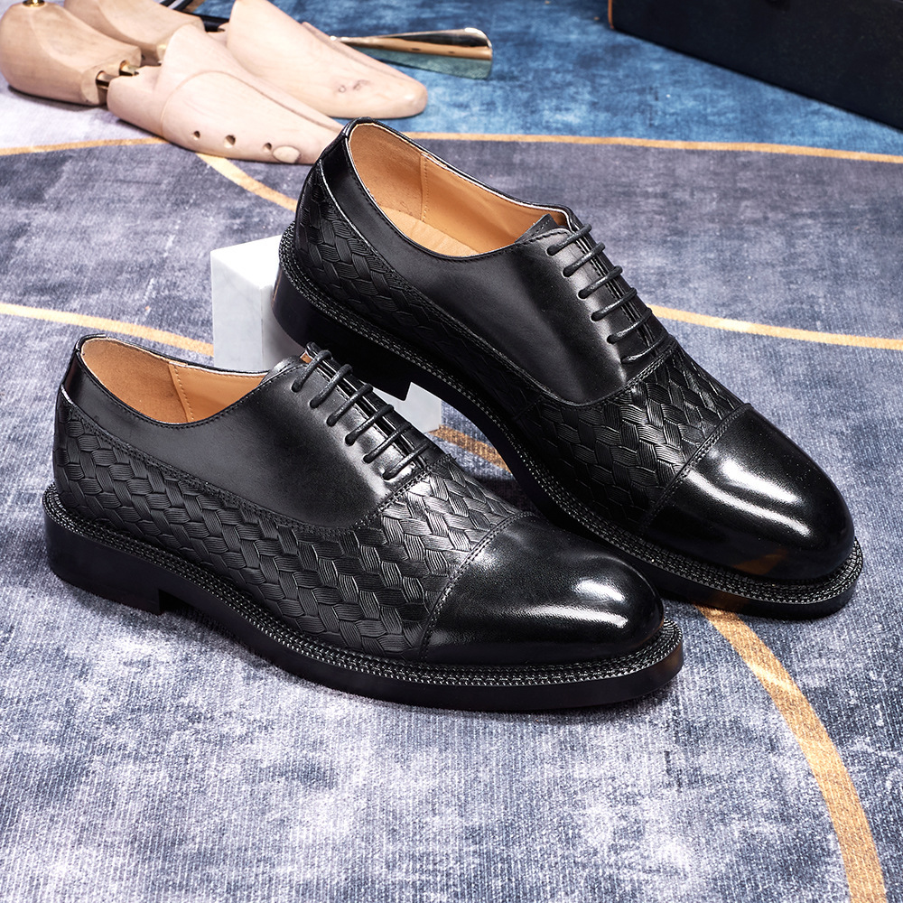 Men's Genuine Leather Woven Texture Patent Leather Cap-Toe Business Formal Oxford Shoes