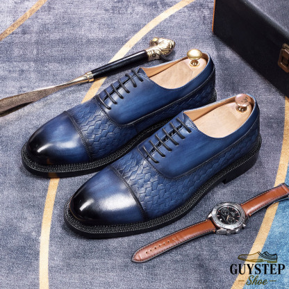 GUYSTEP™ Men's Genuine Leather Woven Texture Patent Leather Cap-Toe Business Formal Oxford Shoes