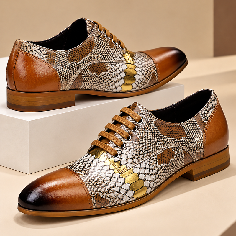 GUYSTEP™Men's Cowhide Snake Print Patchwork Oxford Shoes